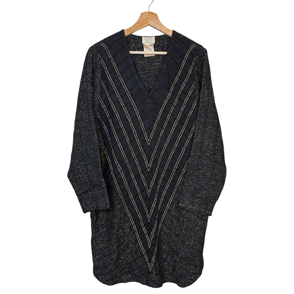 Zonda Nellis Metallic Knit Tunic OneSize V Neck 3/4 Sleeve Art To Wear Lagenlook